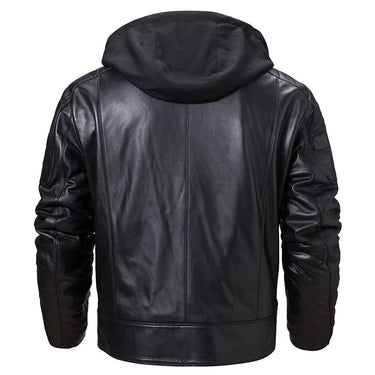 Men's Removable Hood Black Real Sheepskin Leather Motorcycle Jacket - SolaceConnect.com