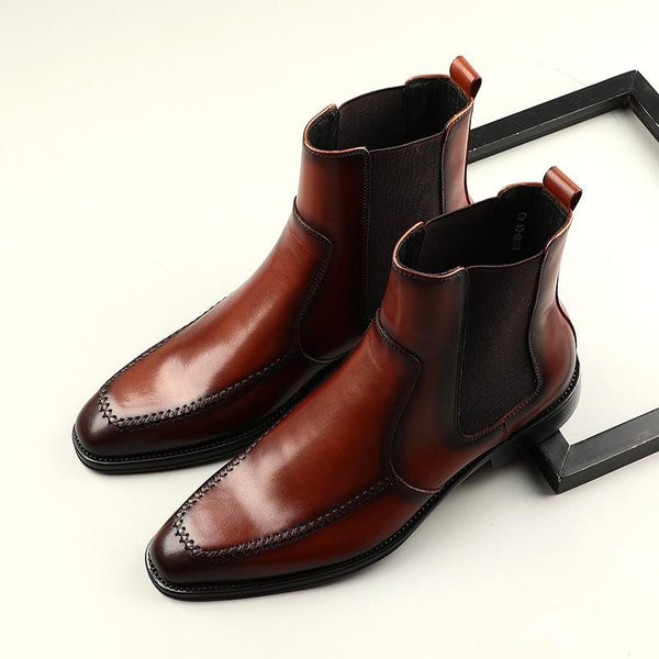 Men's Retro Luxury Real Leather Pointed Thick Heel Dress Shoes - SolaceConnect.com