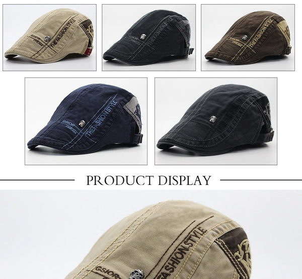 Men's Retro Visor Cap Casual Cotton Skull Beret Hat with Embroidery  -  GeraldBlack.com