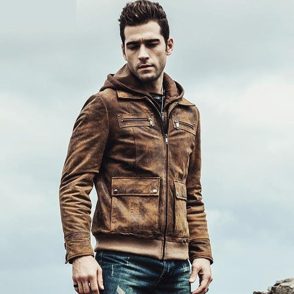 Men's Retro Warm Leather Detachable Hooded Motorcycle Jackets - SolaceConnect.com