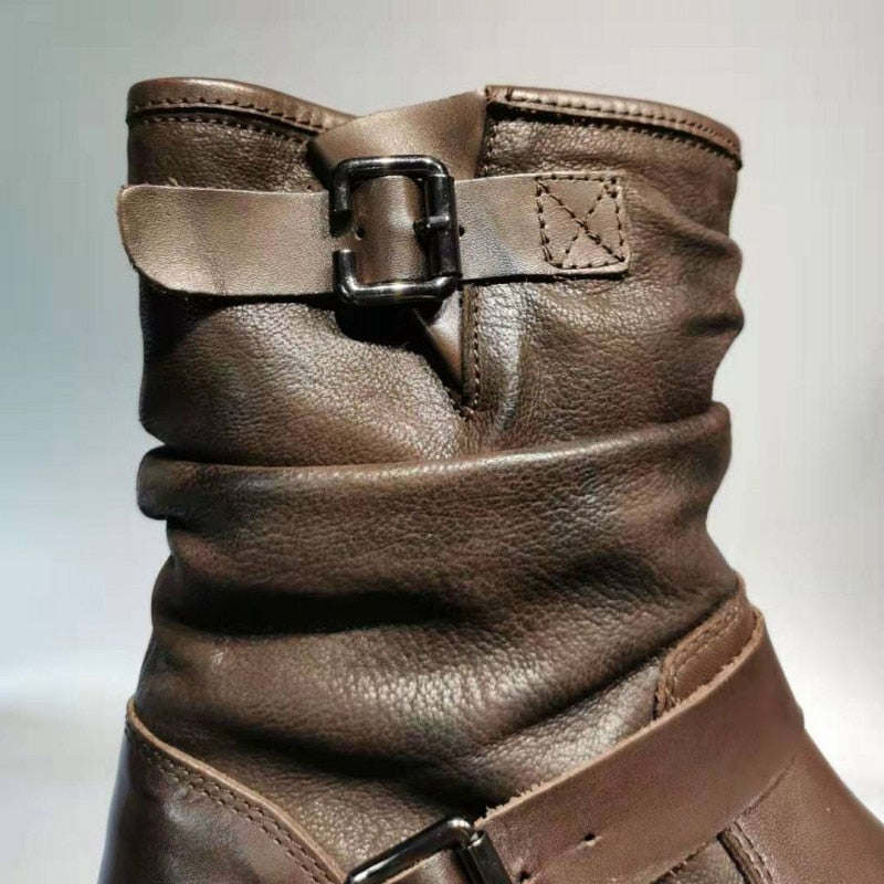 Men's Retro Winter Round Toe Genuine Leather Mid Calf Thick Bottom Boots  -  GeraldBlack.com