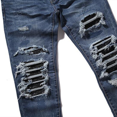 Men's Ripped Leather Knee Pleated Patch Bikers Jeans Joggers - SolaceConnect.com