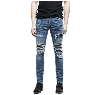 Men's Ripped Leather Knee Pleated Patch Bikers Jeans Joggers - SolaceConnect.com