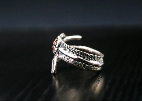 Women's Rose Gold Flower Feather Shape Love Punk Retro Adjustable Ring - SolaceConnect.com