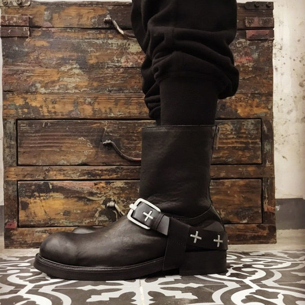 Men's Round Toe Genuine Leather Low Heel Riding Metal Buckle High-top Boots  -  GeraldBlack.com