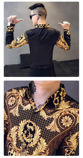 Men's Royal Club Luxury Paisley Black Gold Printed Long Sleeve Slim Shirt  -  GeraldBlack.com
