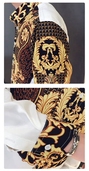Men's Royal Club Luxury Paisley Black Gold Printed Long Sleeve Slim Shirt  -  GeraldBlack.com