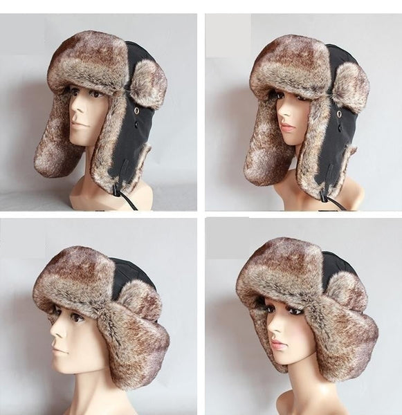 Men's Russian Winter Snow Rex Rabbit Trapper Bomb Fur Hat with Ear Flap - SolaceConnect.com