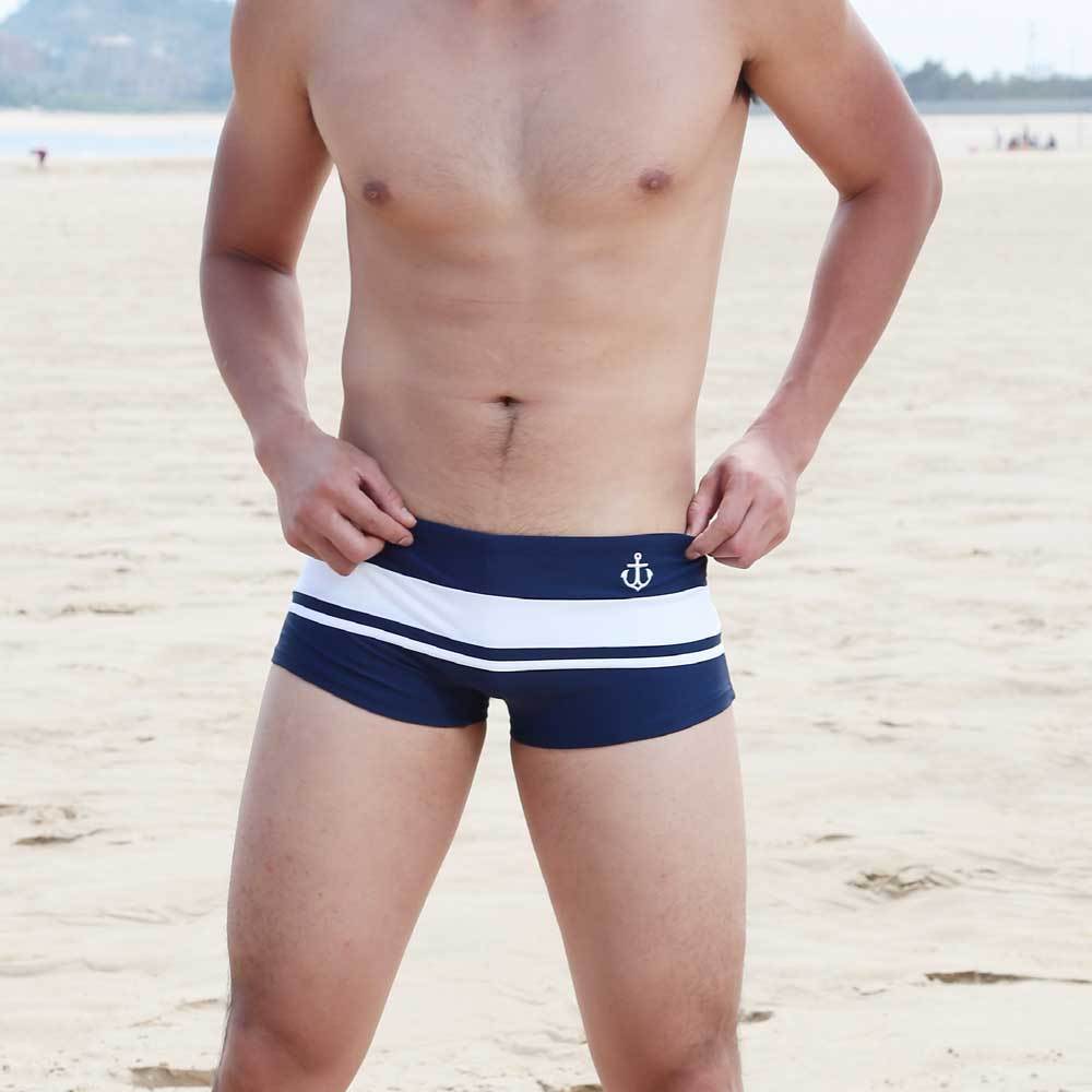 Men's Sexy Waist Boxer Mosaic Striped Short Swimming Suit with Pocket  -  GeraldBlack.com