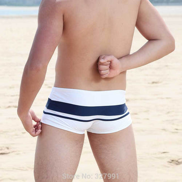 Men's Sexy Waist Boxer Mosaic Striped Short Swimming Suit with Pocket - SolaceConnect.com