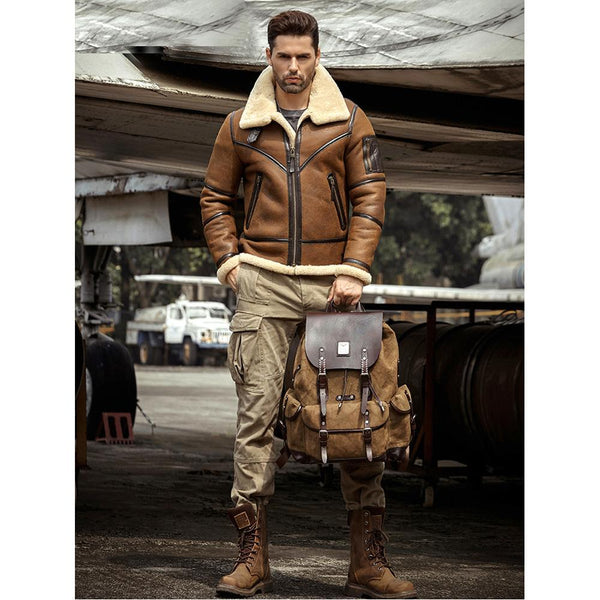 Men's Sheepskin Leather Fur Zippers Pockets Flight Aviator Winter Jacket - SolaceConnect.com