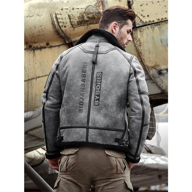 Men's Sheepskin Leather Fur Zippers Pockets Flight Aviator Winter Jacket - SolaceConnect.com