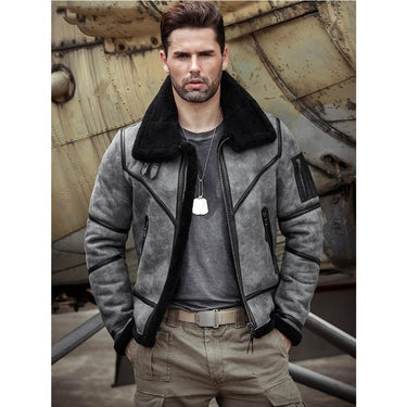 Men's Sheepskin Leather Fur Zippers Pockets Flight Aviator Winter Jacket  -  GeraldBlack.com