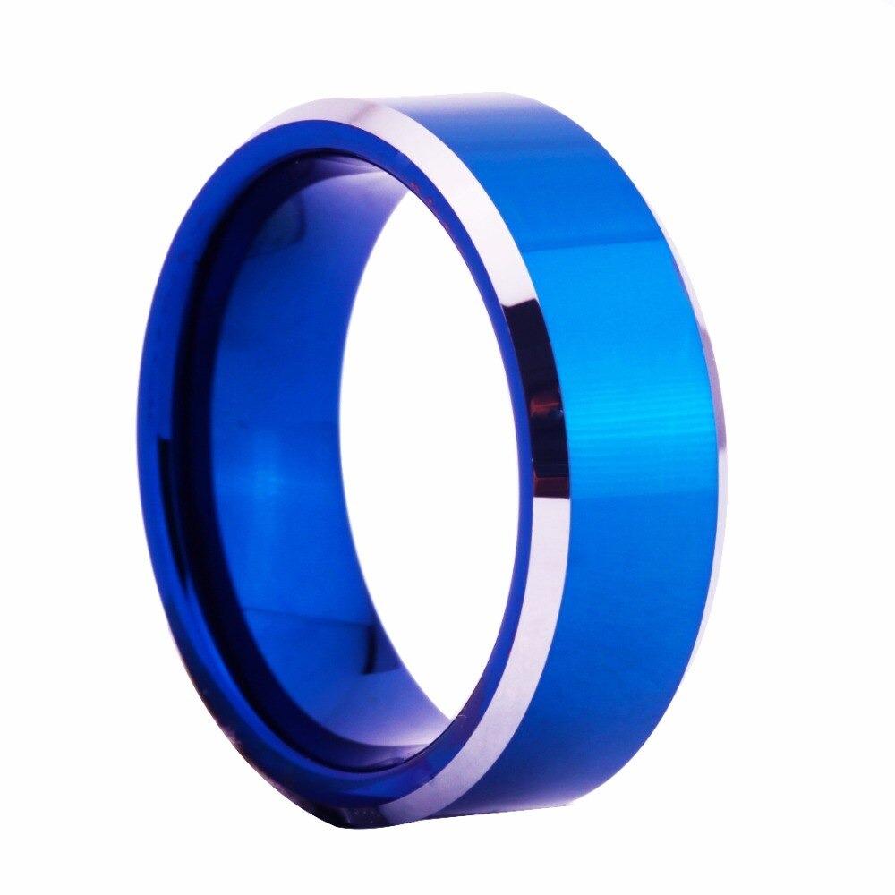 Men's Shiny Blank 8mm Wide Bevel Custom Tungsten Ring with Blue Color - SolaceConnect.com
