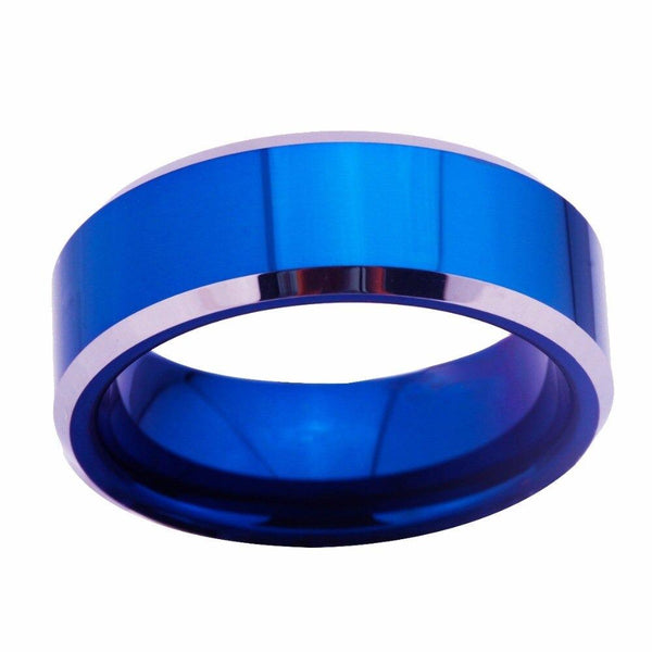 Men's Shiny Blank 8mm Wide Bevel Custom Tungsten Ring with Blue Color  -  GeraldBlack.com