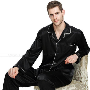 Men's Silk Satin Pajamas Set Turn-down Collar Button Fly Sleepwear - SolaceConnect.com