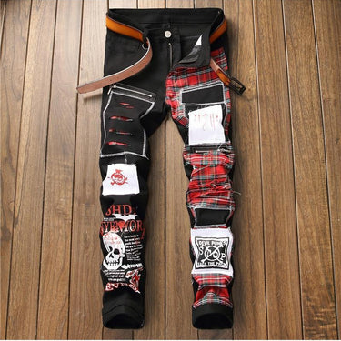 Men's Skull Print Scottish Plaid Trendy Ripped Black Jeans with Patchwork - SolaceConnect.com