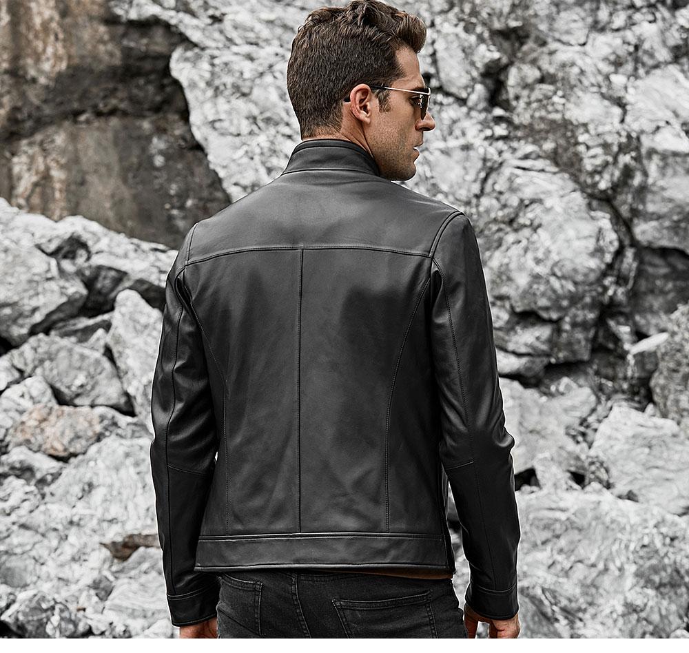 Men's Slim Fit Warm Motorcycle Lambskin Standing Collar Jacket - SolaceConnect.com