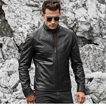 Men's Slim Fit Warm Motorcycle Lambskin Standing Collar Jacket - SolaceConnect.com
