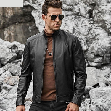 Men's Slim Fit Warm Motorcycle Lambskin Standing Collar Jacket  -  GeraldBlack.com