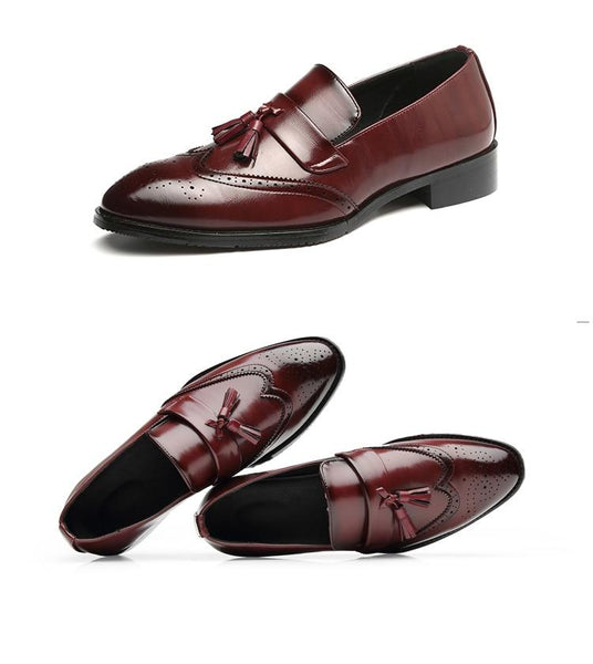 Men's Slip-on Formal Brogue Tassel Leather Dress Shoes with Pointed Toe - SolaceConnect.com