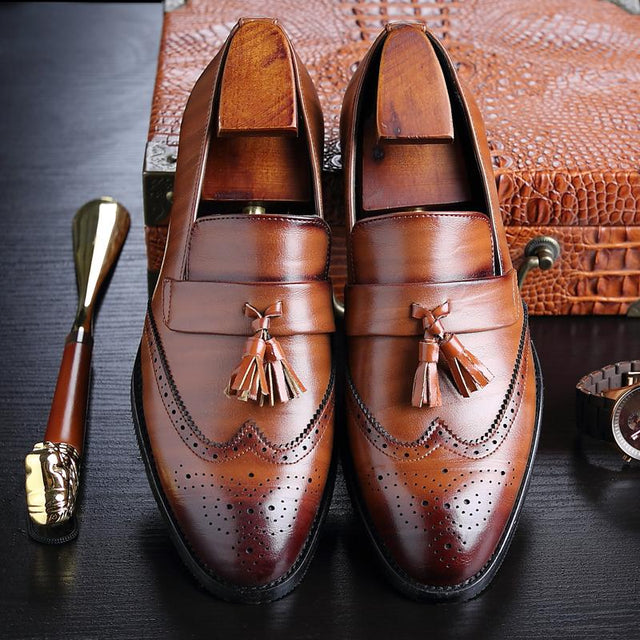 Men's Slipon Formal Brogue Tassel Leather Dress Shoes with Pointed To