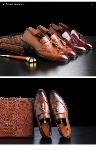 Men's Slip-on Formal Brogue Tassel Leather Dress Shoes with Pointed Toe - SolaceConnect.com