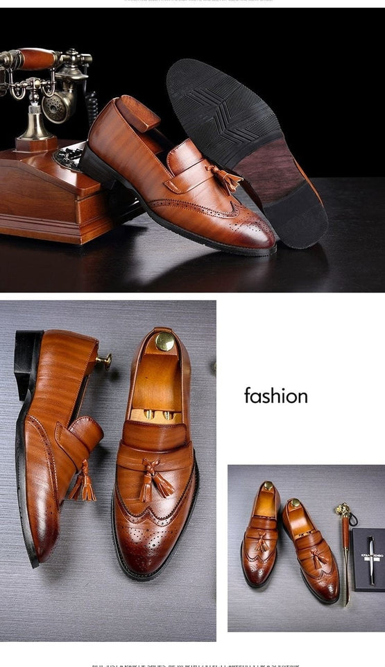 Men's Slipon Formal Brogue Tassel Leather Dress Shoes with Pointed To