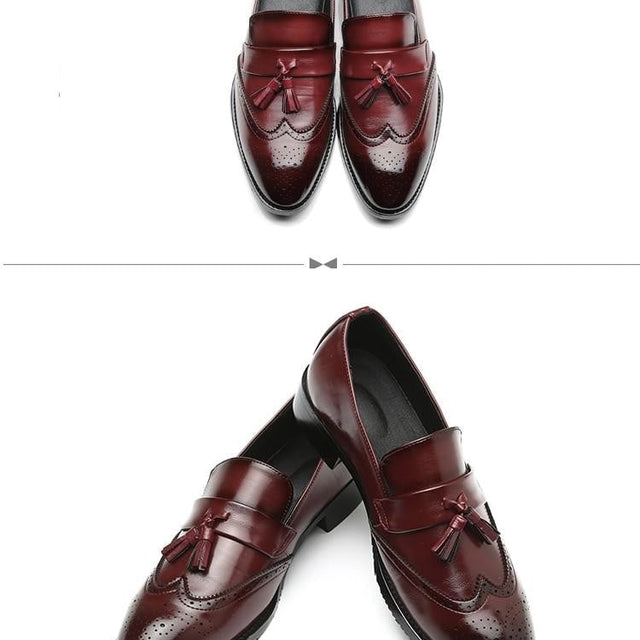 Men's Slipon Formal Brogue Tassel Leather Dress Shoes with Pointed To