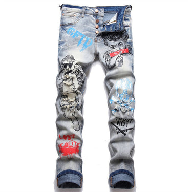 Men's Slogan Character Skull Printed Button Fly Holes Ripped Stretch Jeans  -  GeraldBlack.com