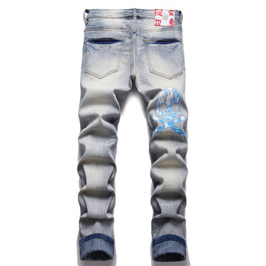 Men's Slogan Character Skull Printed Button Fly Holes Ripped Stretch Jeans  -  GeraldBlack.com