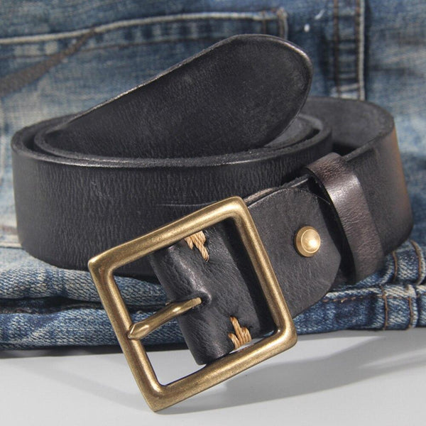 Men's Solid Cowhide Leather 5.6cm Brass Metal Pin Buckle Belt for Jeans  -  GeraldBlack.com