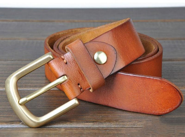 100% Pure Cow Cowhide Leather Belts Solid Brass Pin Buckle Metal Belt Retro Styles Accessories for - SolaceConnect.com