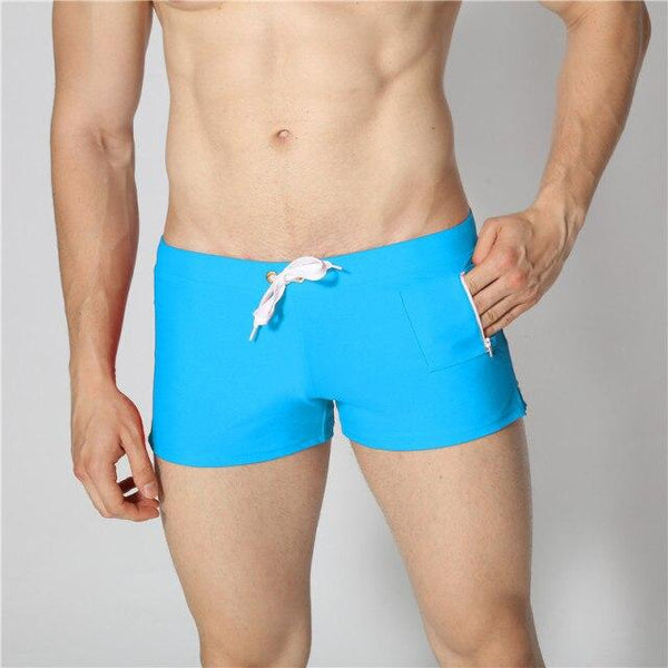 Men's Solid Front Zipper Pocket Beach Swimming Trunks Shorts Swimwear - SolaceConnect.com
