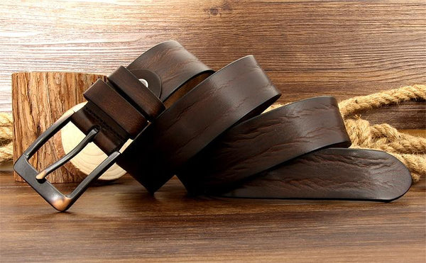 Men's Solid Genuine Leather Pin Buckle Wide Strap Business Belt - SolaceConnect.com