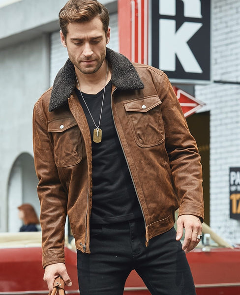 Men's Solid Real Leather Motorcycle Warm Jacket with Faux Fur Collar - SolaceConnect.com