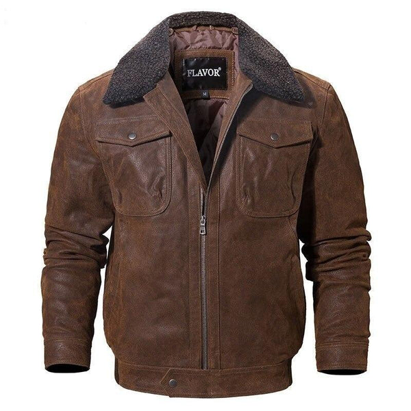 Men's Solid Real Leather Motorcycle Warm Jacket with Faux Fur Collar - SolaceConnect.com
