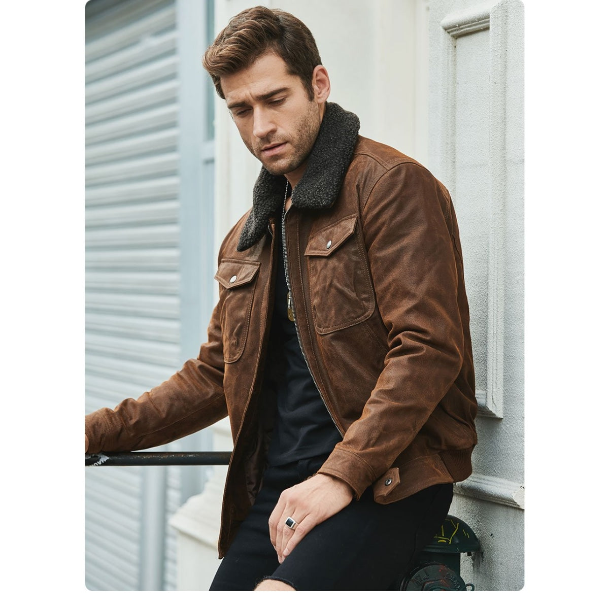 Men's Solid Real Leather Motorcycle Warm Jacket with Faux Fur Collar  -  GeraldBlack.com