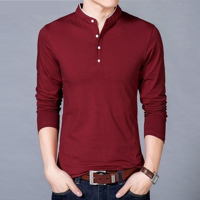 Men's Spring Autumn 100% Cotton Solid Color Mandarin Collar T-Shirt - SolaceConnect.com