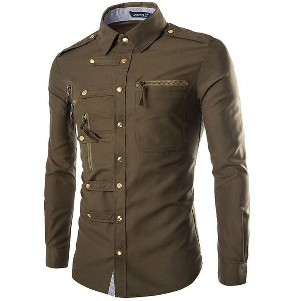 Men's Spring Autumn Long Sleeve Slim Fit Cargo Shirt with Epaulet Pocket - SolaceConnect.com