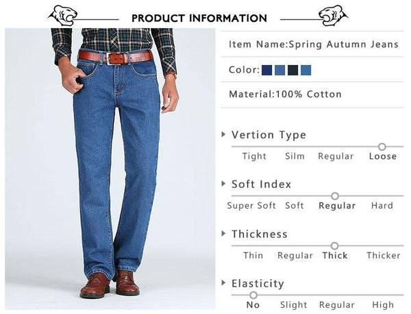 Men's Spring Autumn Solid Straight Classic Denim Zipper Fly Baggy Jeans - SolaceConnect.com