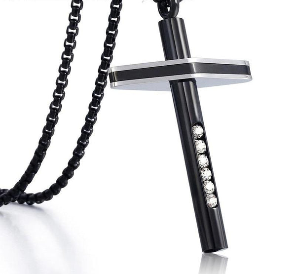 Men's Stainless Steel Box Chain Necklace with CZ Rhinestone Cross Pendant - SolaceConnect.com