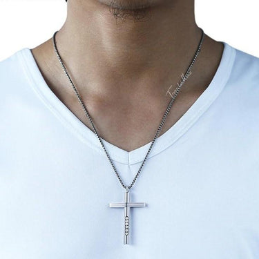 Men's Stainless Steel Box Chain Necklace with CZ Rhinestone Cross Pendant  -  GeraldBlack.com