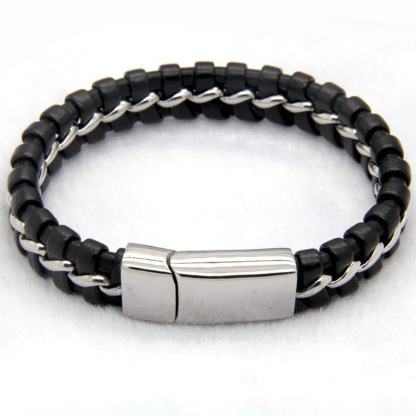 Men's Stainless Steel Leather Bezel Setting Magnetic Knitted Bracelet - SolaceConnect.com