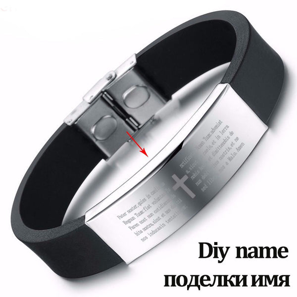 Men's Stainless Steel Silicone Prong Setting Cross Charm Bracelet  -  GeraldBlack.com