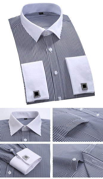 Men's Striped Long Sleeve Classic French Cuffs Single Patch Pocket Shirt  -  GeraldBlack.com