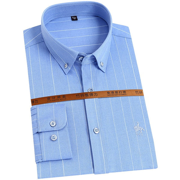 Men's Striped Soft Bamboo-fiber Anti-Wrinkle Dress Shirt Pocket-less Design Long Sleeve Standard-fit Casual Versatile Shirts  -  GeraldBlack.com