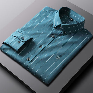 Men's Striped Soft Bamboo-fiber Anti-Wrinkle Dress Shirt Pocket-less Design Long Sleeve Standard-fit Casual Versatile Shirts  -  GeraldBlack.com
