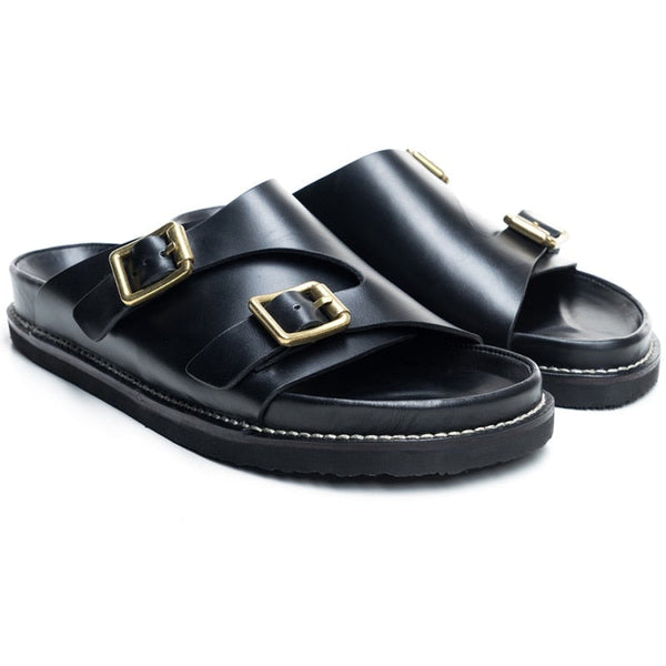 Men's Summer Designer Style Cowhide Leather Buckle Slip-on Sandals - SolaceConnect.com
