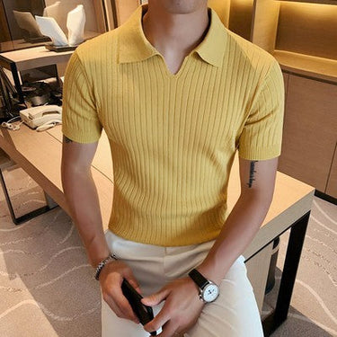 Men's Summer Ice Silk V-neck Striped Knitted Short-Sleeved Polo Tee Shirts  -  GeraldBlack.com